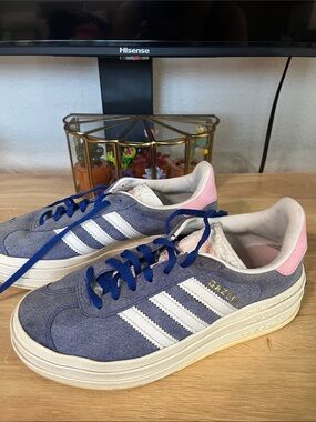 adidas gazelle Blue Suede platform Sneakers with White Stripes